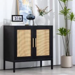 Rattan Buffet 2-Door Black Storage Sideboard Cabinet With Adjustable Legs -More Furniture Store black jearey sideboards buffet tables smg 2 black 31 1000