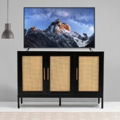 Black Wood 47.24 In. W Rattan Contemporary Storage Sideboard With Adjustable Legs -More Furniture Store black jearey sideboards buffet tables smg black 1f 1000