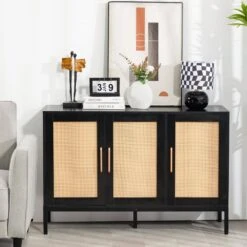 Black Wood 47.24 In. W Rattan Contemporary Storage Sideboard With Adjustable Legs -More Furniture Store black jearey sideboards buffet tables smg black 31 1000
