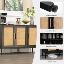 Black Wood 47.24 In. W Rattan Contemporary Storage Sideboard With Adjustable Legs -More Furniture Store black jearey sideboards buffet tables smg black 4f 1000