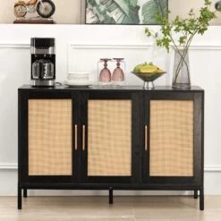 Black Wood 47.24 In. W Rattan Contemporary Storage Sideboard With Adjustable Legs