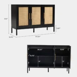 Black Wood 47.24 In. W Rattan Contemporary Storage Sideboard With Adjustable Legs -More Furniture Store black jearey sideboards buffet tables smg black 66 1000