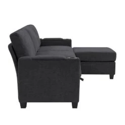 Modern 91 In. Black Chenille Square Arm L-Shaped Storage Sofa With Cup Holder And Ottoman For Living -More Furniture Store black jearey sofas couches xnecw 3 black 1f 1000