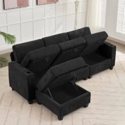 Modern 91 In. Black Chenille Square Arm L-Shaped Storage Sofa With Cup Holder And Ottoman For Living -More Furniture Store black jearey sofas couches xnecw 3 black 31 1000