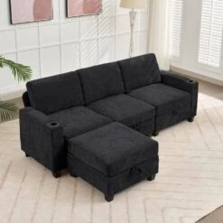 Modern 91 In. Black Chenille Square Arm L-Shaped Storage Sofa With Cup Holder And Ottoman For Living -More Furniture Store black jearey sofas couches xnecw 3 black 44 1000