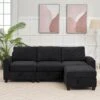 Modern 91 In. Black Chenille Square Arm L-Shaped Storage Sofa With Cup Holder And Ottoman For Living