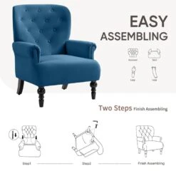 Lola Modern Upholstered Velvet Blue Accent Armchair With Extra Large Back And Wood Leg For Living Room Bedroom -More Furniture Store blue jearey accent chairs e011gby blue 31 1000