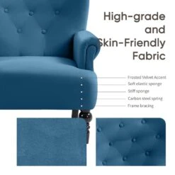 Lola Modern Upholstered Velvet Blue Accent Armchair With Extra Large Back And Wood Leg For Living Room Bedroom -More Furniture Store blue jearey accent chairs e011gby blue 44 1000