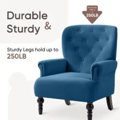 Lola Modern Upholstered Velvet Blue Accent Armchair With Extra Large Back And Wood Leg For Living Room Bedroom -More Furniture Store blue jearey accent chairs e011gby blue 4f 1000