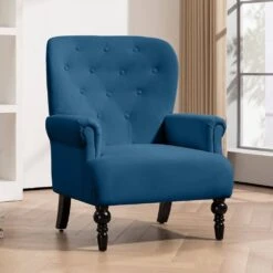 Lola Modern Upholstered Velvet Blue Accent Armchair With Extra Large Back And Wood Leg For Living Room Bedroom