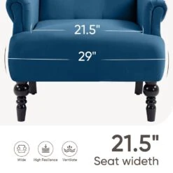 Lola Modern Upholstered Velvet Blue Accent Armchair With Extra Large Back And Wood Leg For Living Room Bedroom -More Furniture Store blue jearey accent chairs e011gby blue 66 1000