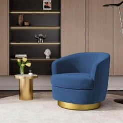 More Furniture Store 27 Nancy Modern 360° Swivel Blue Non-falling Velvet Fabric Barrel Accent Armchair For Bedroom Or Living Room
