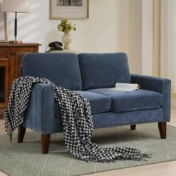 Sanfe 57 In. Blue Solid Fabric 2-Seat Loveseat With Nailhead -More Furniture Store blue jearey loveseats sfrm 2 blue 31 1000