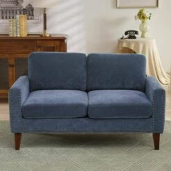 Sanfe 57 In. Blue Solid Fabric 2-Seat Loveseat With Nailhead