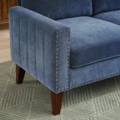 Sanfe 57 In. Blue Solid Fabric 2-Seat Loveseat With Nailhead -More Furniture Store blue jearey loveseats sfrm 2 blue c3 1000