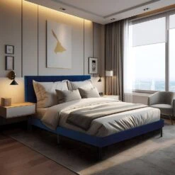 Alex Blue Metal Frame Full Platform Bed With Headboard -More Furniture Store blue jearey platform beds e111cj full blue 31 1000