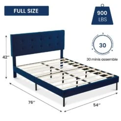 Alex Blue Metal Frame Full Platform Bed With Headboard -More Furniture Store blue jearey platform beds e111cj full blue 66 1000