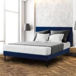 Alex Blue Metal Frame Twin Platform Bed With Headboard