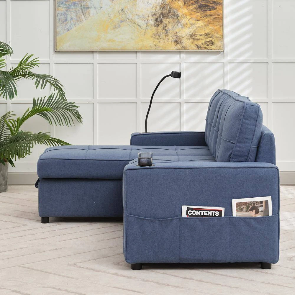 82.3 In. Blue Multi-functional Fabric Queen Size Sofa Bed With Cup Holder USB Port And Side Pockets 6 82.3 In. Blue Multi-functional Fabric Queen Size Sofa Bed With Cup Holder USB Port And Side Pockets - Image 6