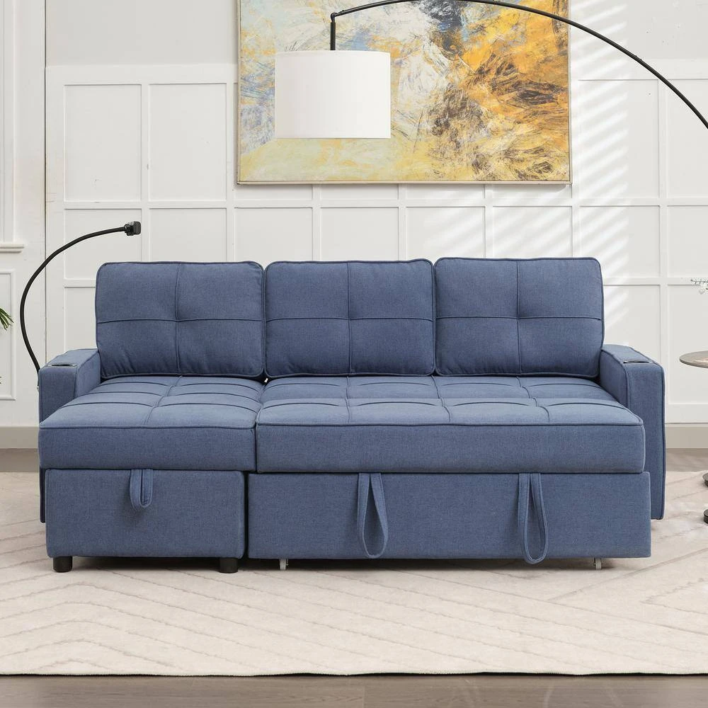 82.3 In. Blue Multi-functional Fabric Queen Size Sofa Bed With Cup Holder USB Port And Side Pockets 10 82.3 In. Blue Multi-functional Fabric Queen Size Sofa Bed With Cup Holder USB Port And Side Pockets - Image 10