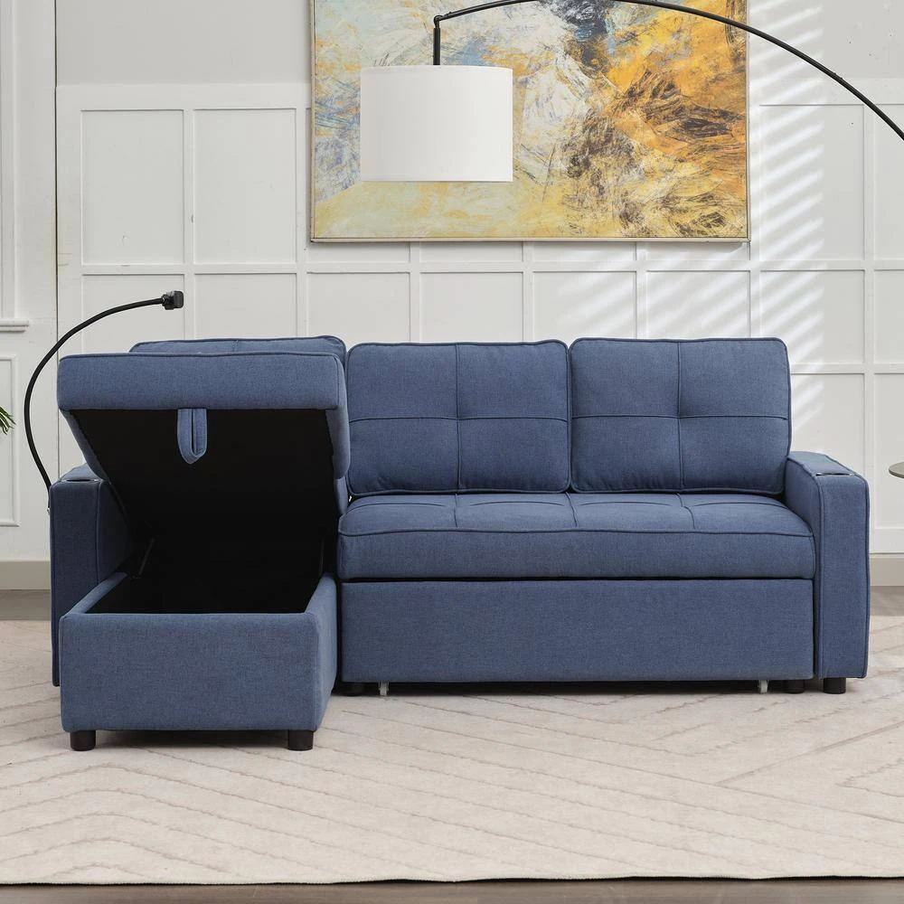 82.3 In. Blue Multi-functional Fabric Queen Size Sofa Bed With Cup Holder USB Port And Side Pockets 7 82.3 In. Blue Multi-functional Fabric Queen Size Sofa Bed With Cup Holder USB Port And Side Pockets - Image 7