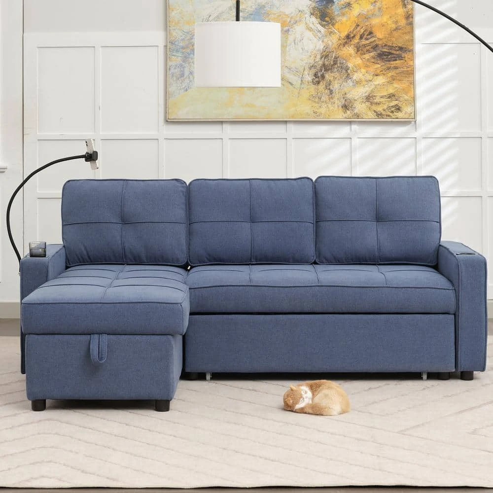 82.3 In. Blue Multi-functional Fabric Queen Size Sofa Bed With Cup Holder USB Port And Side Pockets 1 82.3 In. Blue Multi-functional Fabric Queen Size Sofa Bed With Cup Holder USB Port And Side Pockets