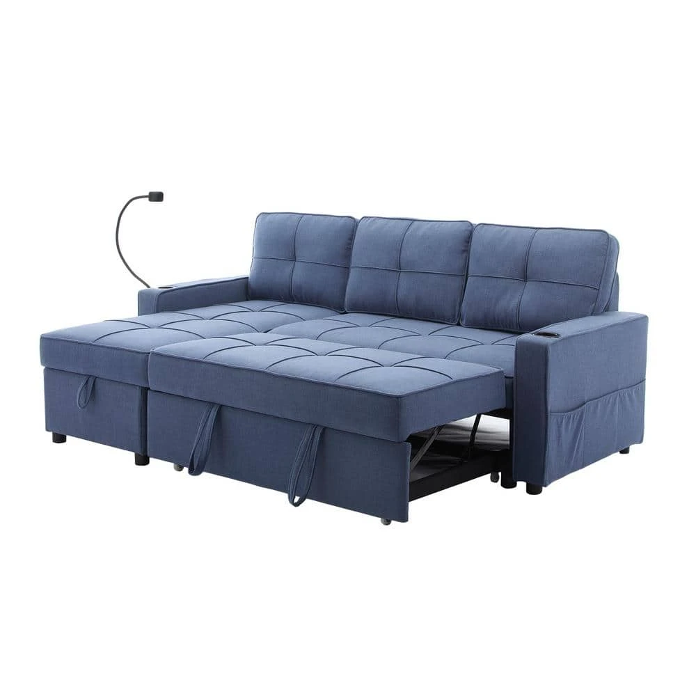 82.3 In. Blue Multi-functional Fabric Queen Size Sofa Bed With Cup Holder USB Port And Side Pockets 4 82.3 In. Blue Multi-functional Fabric Queen Size Sofa Bed With Cup Holder USB Port And Side Pockets - Image 4