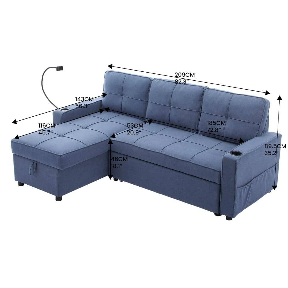 82.3 In. Blue Multi-functional Fabric Queen Size Sofa Bed With Cup Holder USB Port And Side Pockets 2 82.3 In. Blue Multi-functional Fabric Queen Size Sofa Bed With Cup Holder USB Port And Side Pockets - Image 2