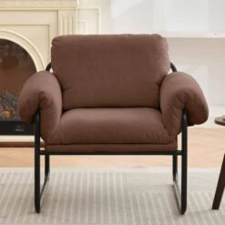 Moore Metal Brown Lambswool Soft Cushion Arm Chair For Bedroom And Living Room