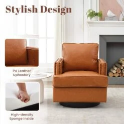 Brown PU Leather 360° Swivel Nailhead Trim Button-tufted Accent Arm Chair With Cushion -More Furniture Store brown jearey accent chairs pewy brown 1f 1000