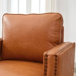 Brown PU Leather 360° Swivel Nailhead Trim Button-tufted Accent Arm Chair With Cushion -More Furniture Store brown jearey accent chairs pewy brown 31 1000