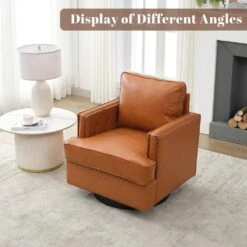 Brown PU Leather 360° Swivel Nailhead Trim Button-tufted Accent Arm Chair With Cushion -More Furniture Store brown jearey accent chairs pewy brown 44 1000