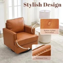 Brown PU Leather 360° Swivel Nailhead Trim Button-tufted Accent Arm Chair With Cushion -More Furniture Store brown jearey accent chairs pewy brown 4f 1000