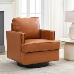 Brown PU Leather 360° Swivel Nailhead Trim Button-tufted Accent Arm Chair With Cushion