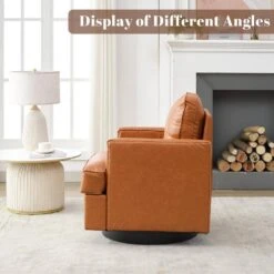 Brown PU Leather 360° Swivel Nailhead Trim Button-tufted Accent Arm Chair With Cushion -More Furniture Store brown jearey accent chairs pewy brown 76 1000