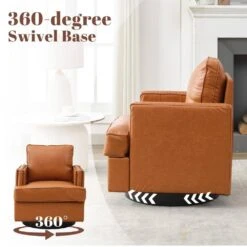 Brown PU Leather 360° Swivel Nailhead Trim Button-tufted Accent Arm Chair With Cushion -More Furniture Store brown jearey accent chairs pewy brown c3 1000
