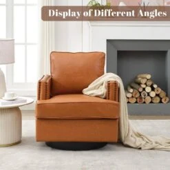 Brown PU Leather 360° Swivel Nailhead Trim Button-tufted Accent Arm Chair With Cushion -More Furniture Store brown jearey accent chairs pewy brown fa 1000