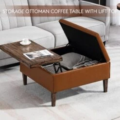 Brown Faux Leather And Solid Wood Duplex Tufted Upholstered Lift-Top Ottoman Bench With Large Square Storage -More Furniture Store brown jearey ottomans e91gjd hd bn 1f 1000