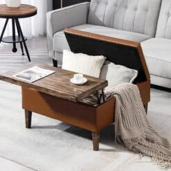 Brown Faux Leather And Solid Wood Duplex Tufted Upholstered Lift-Top Ottoman Bench With Large Square Storage -More Furniture Store brown jearey ottomans e91gjd hd bn 31 1000