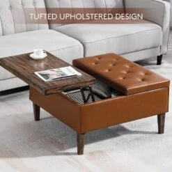 Brown Faux Leather And Solid Wood Duplex Tufted Upholstered Lift-Top Ottoman Bench With Large Square Storage -More Furniture Store brown jearey ottomans e91gjd hd bn 4f 1000
