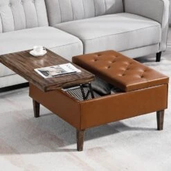 Brown Faux Leather And Solid Wood Duplex Tufted Upholstered Lift-Top Ottoman Bench With Large Square Storage