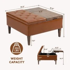 Brown Faux Leather And Solid Wood Duplex Tufted Upholstered Lift-Top Ottoman Bench With Large Square Storage -More Furniture Store brown jearey ottomans e91gjd hd bn 66 1000