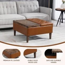 Brown Faux Leather And Solid Wood Duplex Tufted Upholstered Lift-Top Ottoman Bench With Large Square Storage -More Furniture Store brown jearey ottomans e91gjd hd bn c3 1000