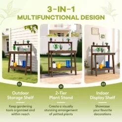 45.5 In. H X 34.8 In. W X 17.7 In. D Brown HDPE Potting Bench Table, Multi-Purpose Plant And Storage Shelf -More Furniture Store brown jearey potting benches and tables jyyygzt zm c3 1000