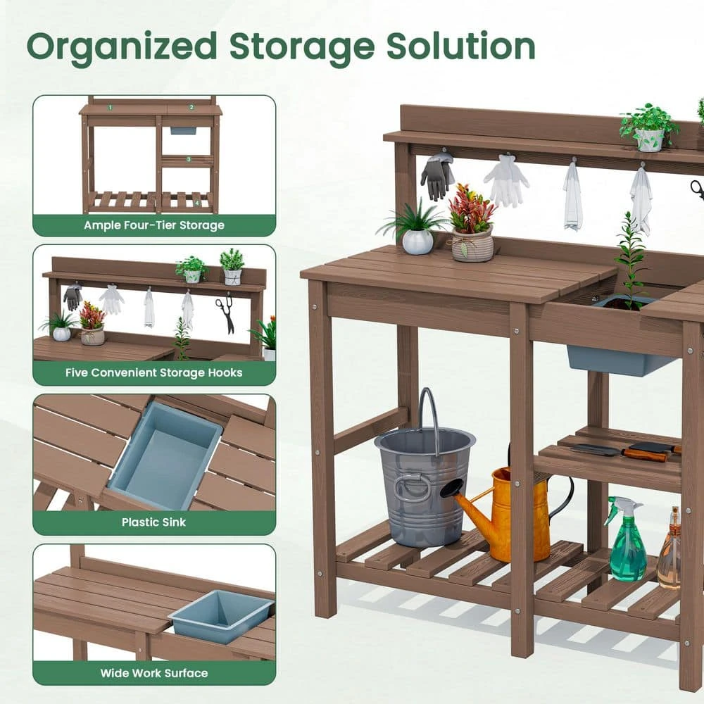 40.94 In. W X 47.24 In. H Brown HDPE Weather-Resistant Garden Potting Bench Table With Storage Shelf 4 40.94 In. W X 47.24 In. H Brown HDPE Weather-Resistant Garden Potting Bench Table With Storage Shelf - Image 4