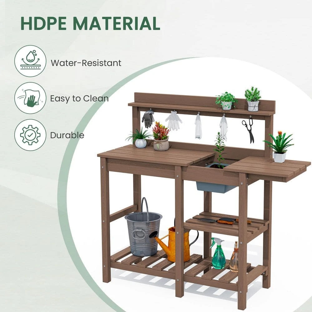 40.94 In. W X 47.24 In. H Brown HDPE Weather-Resistant Garden Potting Bench Table With Storage Shelf 3 40.94 In. W X 47.24 In. H Brown HDPE Weather-Resistant Garden Potting Bench Table With Storage Shelf - Image 3