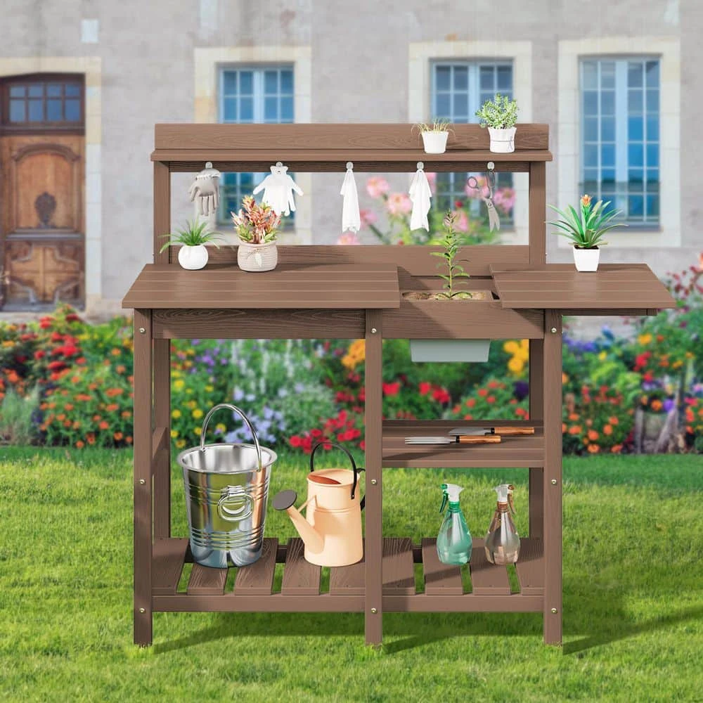 40.94 In. W X 47.24 In. H Brown HDPE Weather-Resistant Garden Potting Bench Table With Storage Shelf 1 40.94 In. W X 47.24 In. H Brown HDPE Weather-Resistant Garden Potting Bench Table With Storage Shelf