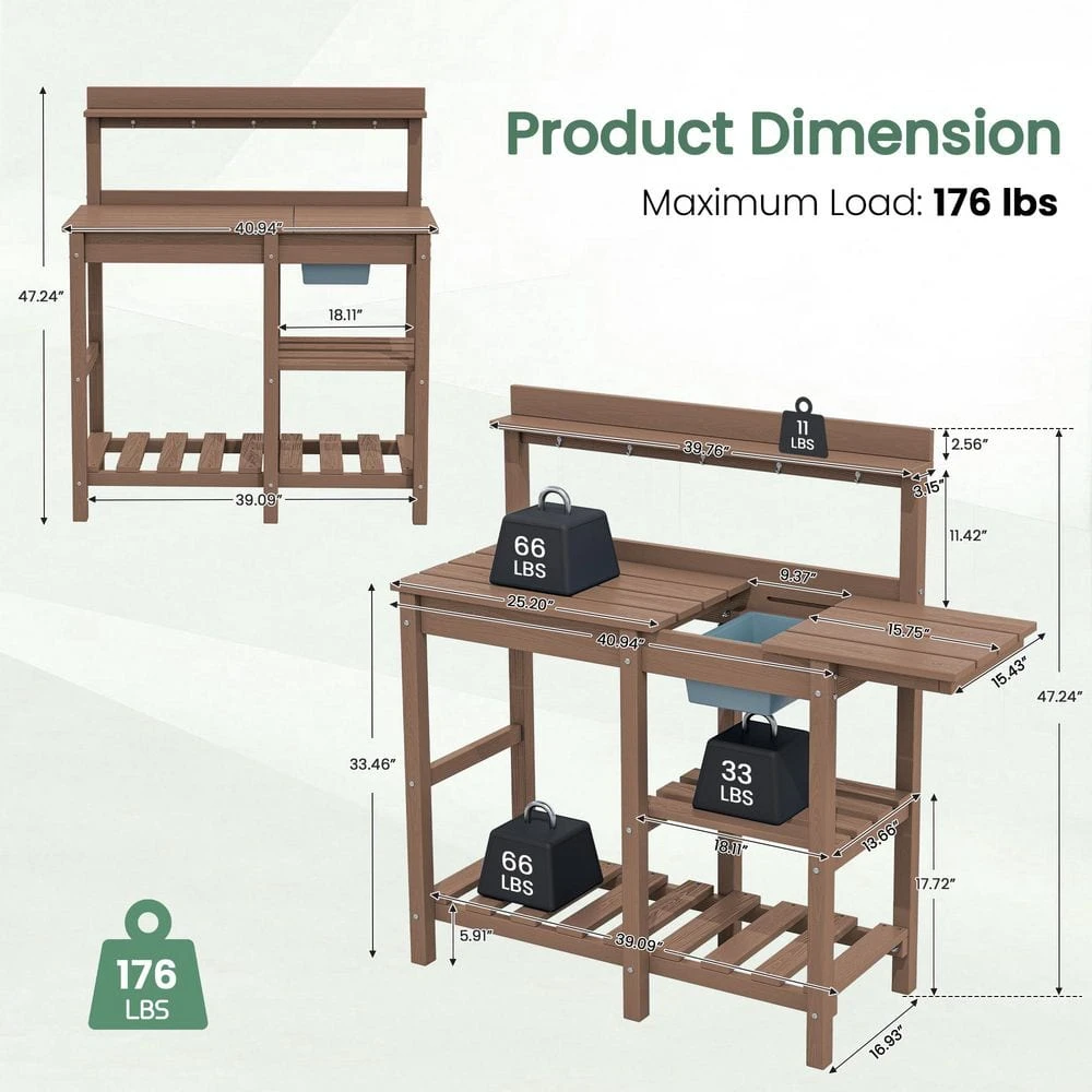 40.94 In. W X 47.24 In. H Brown HDPE Weather-Resistant Garden Potting Bench Table With Storage Shelf 7 40.94 In. W X 47.24 In. H Brown HDPE Weather-Resistant Garden Potting Bench Table With Storage Shelf - Image 7
