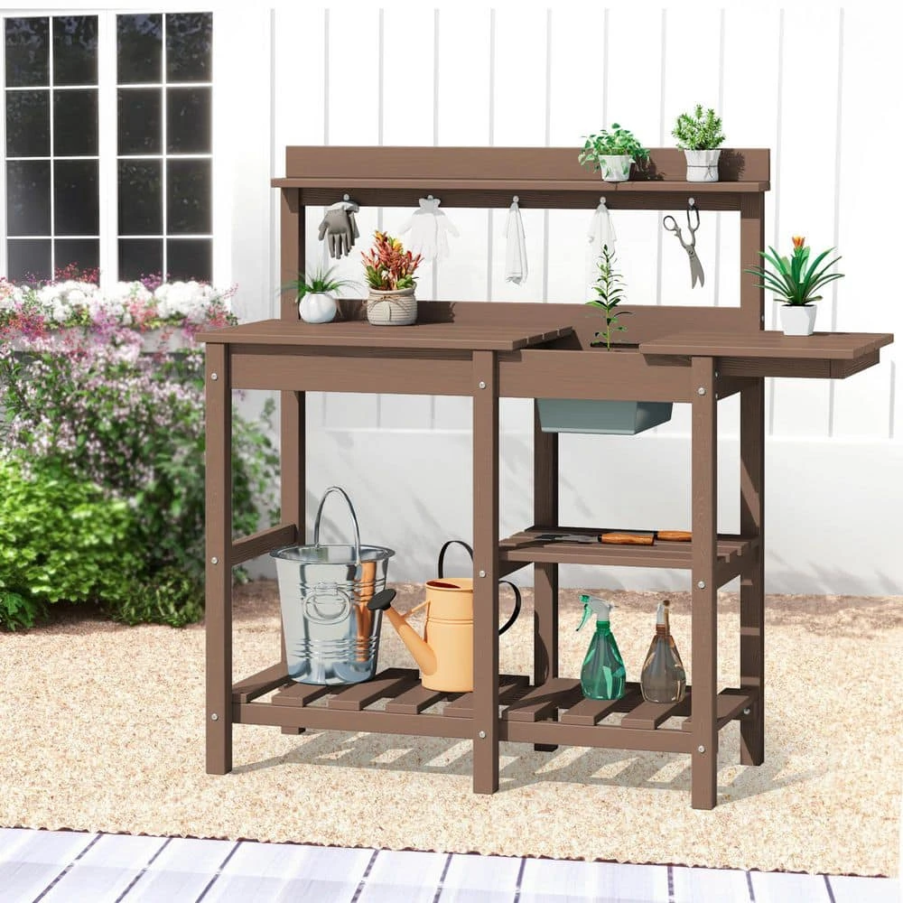 40.94 In. W X 47.24 In. H Brown HDPE Weather-Resistant Garden Potting Bench Table With Storage Shelf 2 40.94 In. W X 47.24 In. H Brown HDPE Weather-Resistant Garden Potting Bench Table With Storage Shelf - Image 2