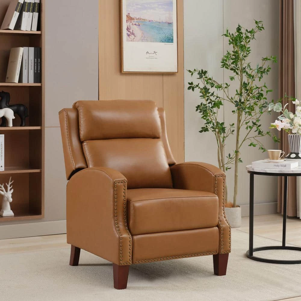 Classic Vintage Cigar Camel Hand Push Leather Recliner With Nailhead Trim 1 Classic Vintage Cigar Camel Hand Push Leather Recliner With Nailhead Trim